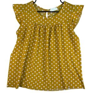 Lovecrazy Blouse Shirt Women's Large Mustard Yellow Polka Dot Flutter Sleeve Top